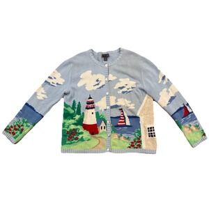 Northern Isles Cardigan Sweater Sailboat Boat Ocean Lighthouse Flag Women's XL